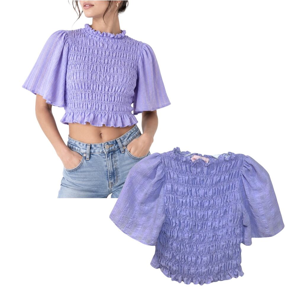 Lisa Says Gah 'Chiara' Smocked Crop Top, Gingham Pastel, Lilac Purple, Small